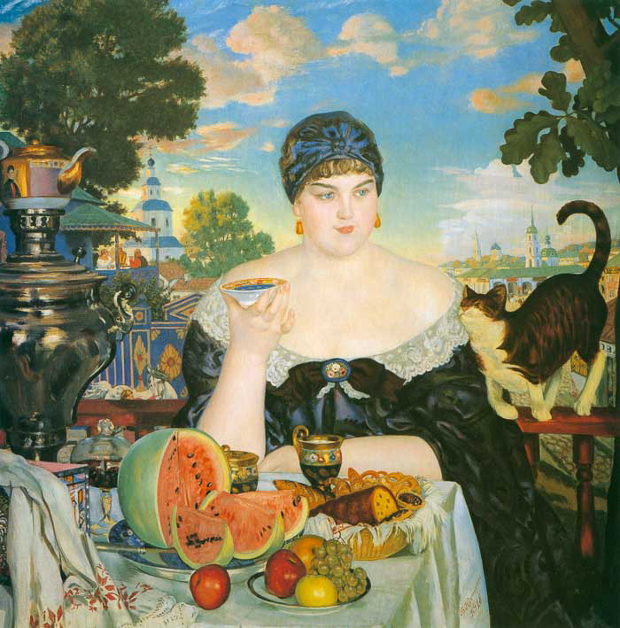Boris Kustodijev: Kauppiaan rouva juomassa teetä