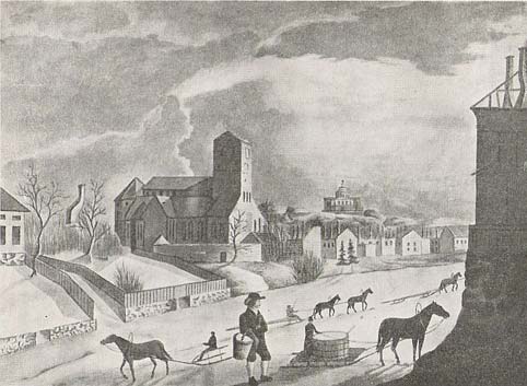 illustration av Åbo efter branden med husruiner och mänskor på väg efter vatten