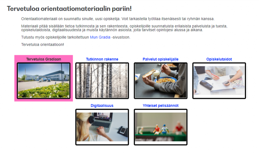 Kuva orientaatiomateriaalin etusivusta